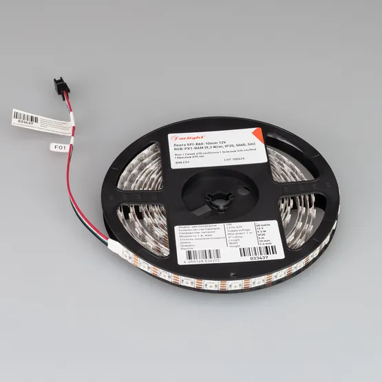 Фото #5 товара Светодиодная лента SPI-B60-10mm 12V RGB-PX1-RAM (9.3 W/m, IP20, 5060, 5m) (Arlight, бегущий огонь)