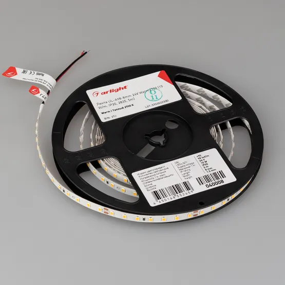 Фото #3 товара Светодиодная лента UL-A98-8mm 24V Warm2700 (10 W/m, IP20, 2835, 5m) (Arlight, 7 лет)