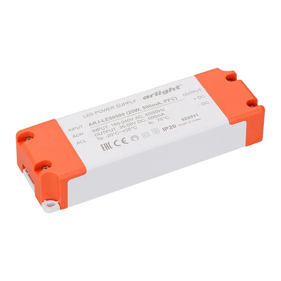 Фото товара Блок питания ARJ-LE50500 (25W, 500mA, PFC) (Arlight, IP20 Пластик, 3 года)