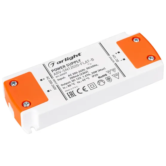 Фото #1 товара Блок питания ARV-SN12020-FLAT-B (12V, 1.67A, 20W) (Arlight, IP20 Пластик, 3 года)