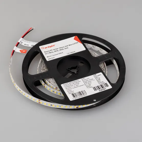 Фото #3 товара Светодиодная лента RT-A144-10mm 24V Warm2700 (7.7 W/m, IP20, 2835, 5m) (Arlight, высок.эфф.200 лм/Вт)