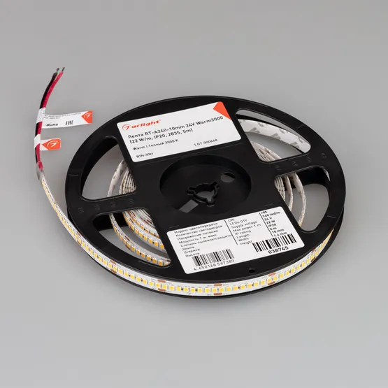 Фото #4 товара Светодиодная лента RT-A240-10mm 24V Warm3000 (22 W/m, IP20, 5m) (Arlight, высок.эфф.150 лм/Вт)