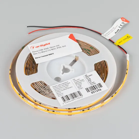 Фото #4 товара Светодиодная лента COB-X560-10mm 24V Dim-To-Warm (14 W/m, IP20, 5m) (Arlight, Dim-To-Warm)