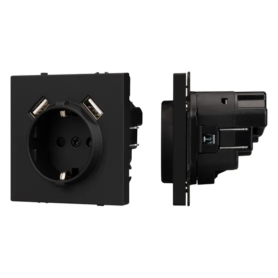 Фото #1 товара ARL NOBE Розетка зк со шторками с USB тип А+А софт-тач черный оникс SCT-MUAA-SFPL-BK (250V, 16A) (Arlight, -)