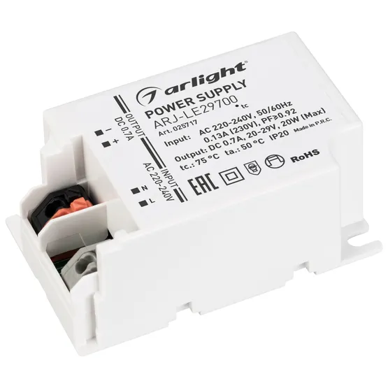 Фото товара Блок питания ARJ-LE29700 (20W, 700mA, PFC) (Arlight, IP20 Пластик, 3 года)