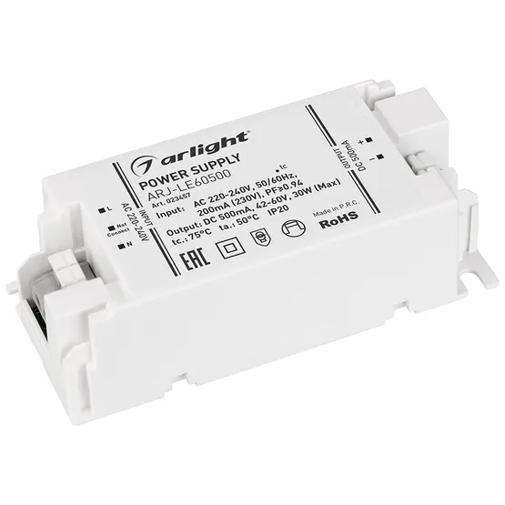 Фото товара Блок питания ARJ-LE60500 (30W, 500mA, PFC) (Arlight, IP20 Пластик, 3 года)