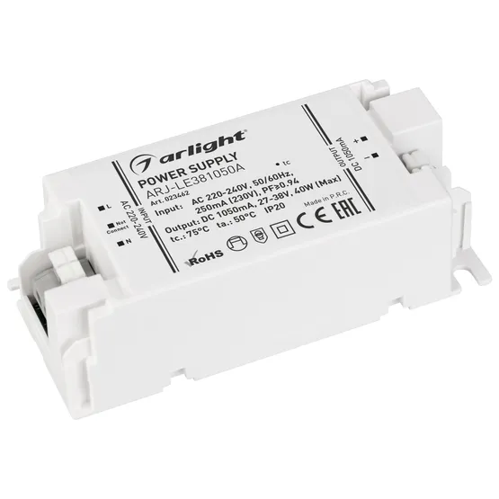 Фото товара Блок питания ARJ-LE381050A (40W, 1050mA, PFC) (Arlight, IP20 Пластик, 3 года)