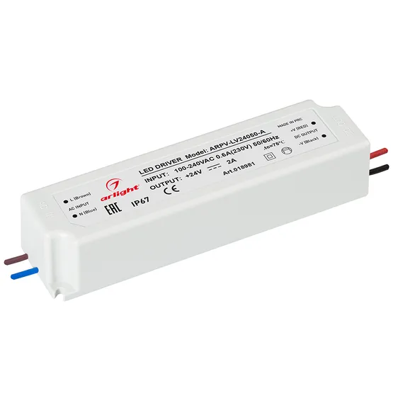 Фото #1 товара Блок питания ARPV-LV24050-A (24V, 2.0A, 48W) (Arlight, IP67 Пластик, 3 года)