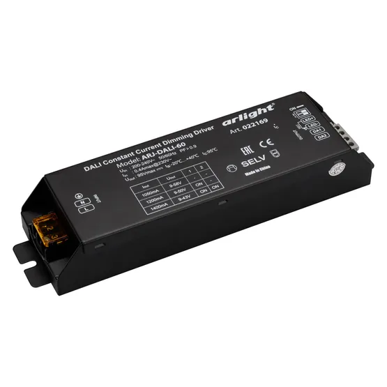 Фото товара Блок питания ARJ-DALI-60 (60W, 1050/1200/1400mA, DALI, PFC) (Arlight, IP20 Металл, 2 года)