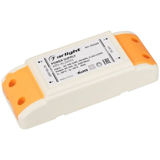 Фото товара Блок питания ARV-AL24024 (24V, 1A, 24W) (Arlight, IP20 Пластик, 2 года)