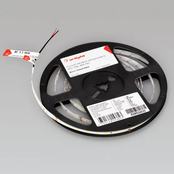 Фото #4 товара Светодиодная лента RT-A80-8mm 24V Warm2400 (6 W/m, IP20, 2835, 5m) (Arlight, высок.эфф.150 лм/Вт)