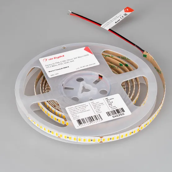Фото #5 товара Светодиодная лента ULTRA-C180-10mm 24V Warm3000 (19.2 W/m, IP20, 5630, 5m) (Arlight, высок.эфф.200 лм/Вт)