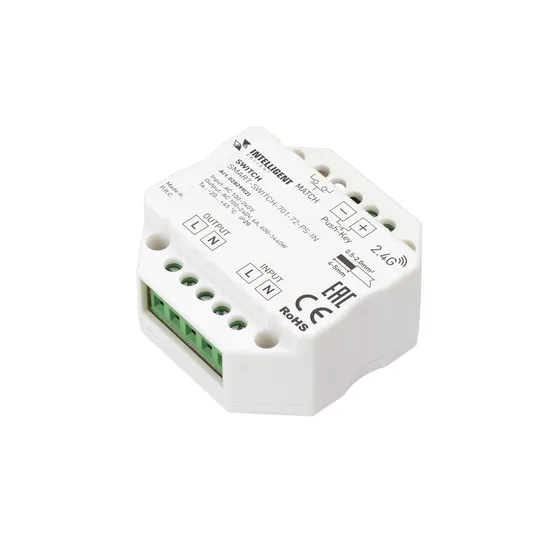 Фото товара INTELLIGENT ARLIGHT Релейный модуль SMART-SWITCH-701-72-PS-IN (230V, 1x6A, 2.4G) (IARL, IP20 Пластик, 5 лет)