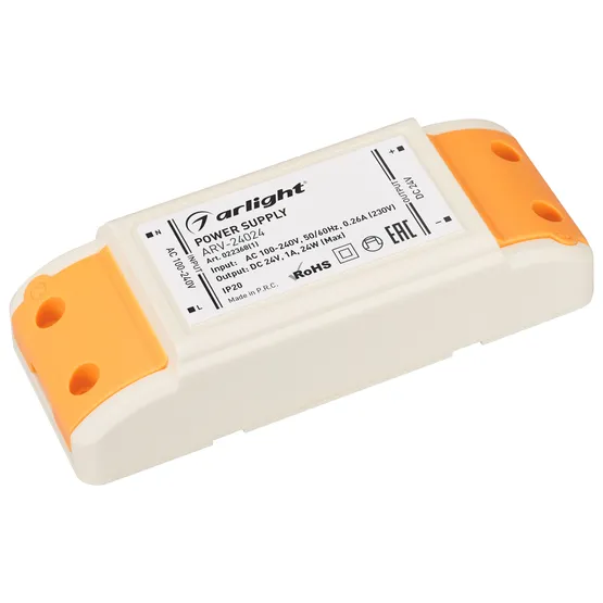 Фото товара Блок питания ARV-24024 (24V, 1A, 24W) (Arlight, IP20 Пластик, 2 года)