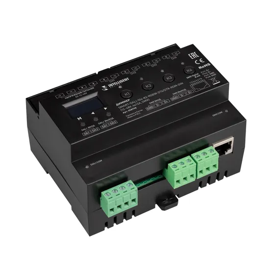 Фото товара INTELLIGENT ARLIGHT Диммер SMART-DALI-104-82-RGBW-DT6/DT8-RDM-DIN (12-48V, 4x12A, DMX) (IARL, IP20 Пластик, 5 лет)