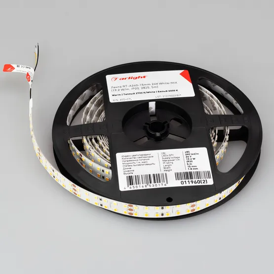 Фото #4 товара Светодиодная лента RT-A240-15mm 24V White-MIX (19.2 W/m, IP20, 2835, 5m) (Arlight, Изменяемая ЦТ)
