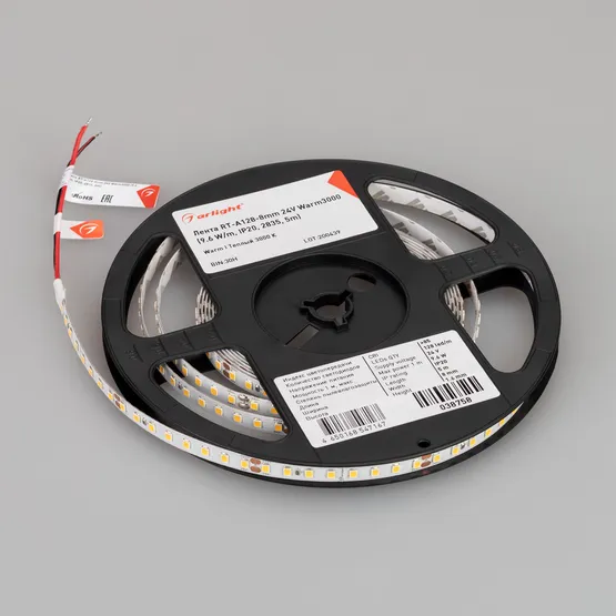 Фото #2 товара Светодиодная лента RT-A128-8mm 24V Warm3000 (10 W/m, IP20, 5m) (Arlight, высок.эфф.150 лм/Вт)