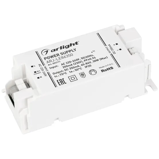 Фото товара Блок питания ARJ-LE86350 (30W, 350mA, PFC) (Arlight, IP20 Пластик, 3 года)