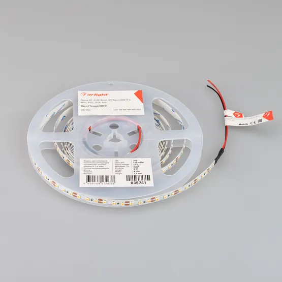 Фото #2 товара Светодиодная лента NT-A120-8mm 12V Warm3000 (9.6 W/m, IP20, 3528, 5m) (Arlight, 9.6 Вт/м, IP20)