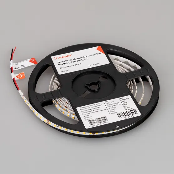 Фото #2 товара Светодиодная лента RT-A128-8mm 24V Warm2700 (9.6 W/m, IP20, 2835, 5m) (Arlight, высок.эфф.150 лм/Вт)