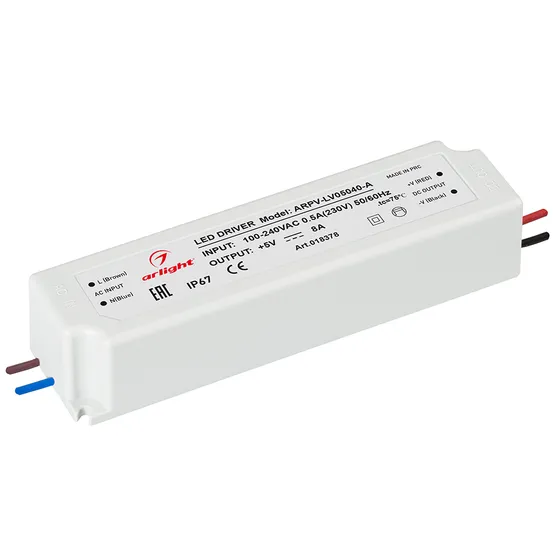 Фото #1 товара Блок питания ARPV-LV05040-A (5V, 8.0A, 40W) (Arlight, IP67 Пластик, 3 года)