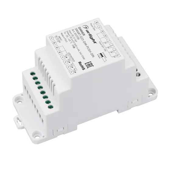 Фото товара Диммер SMART-D23-DIM-PUSH-DIN (12-36V, 4x5A, 0/1-10V) (Arlight, IP20 Пластик, 5 лет)