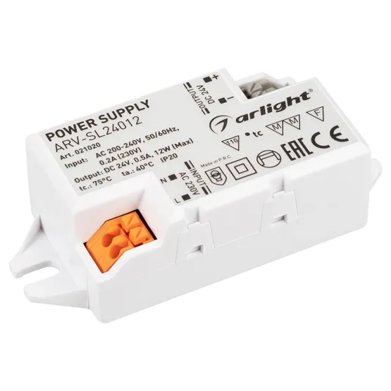 Фото товара Блок питания ARV-SL24012 (24V, 0.5A, 12W) (Arlight, IP20 Пластик, 3 года)