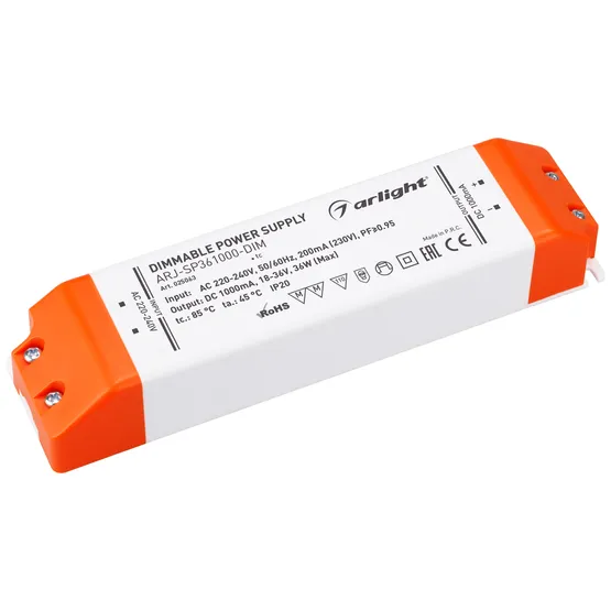 Фото товара Блок питания ARJ-SP361000-DIM (36W, 1000mA, PFC, Triac) (Arlight, IP20 Пластик, 3 года)